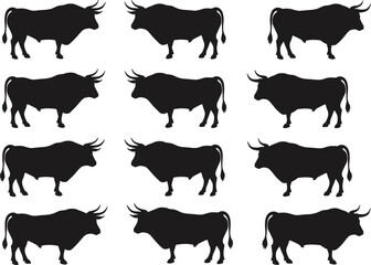 Set of bull silhouettes in profile view – strong cattle icons, farm animal vector illustrations, livestock symbols for ranch design