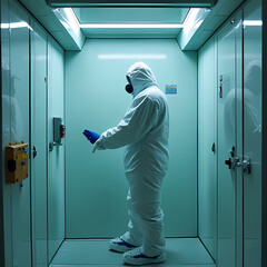 A scientist in a hazmat suit working inside a sterile biohazard chamber