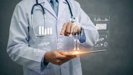 Doctor in white coat holding tablet with digital interface and stethoscope around neck in studio shot - Powered by Adobe