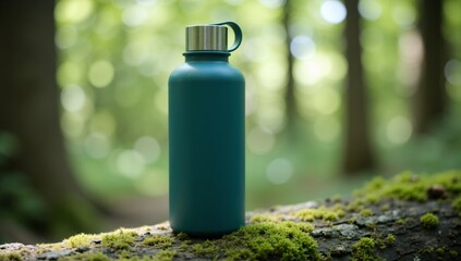 Eco-friendly reusable water bottle on a mossy log in a natural forest