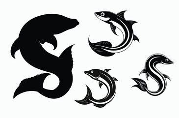 Eel fish silhouette set, aquatic animal vector, sea creature icon, eel fish silhouette vector illustration 