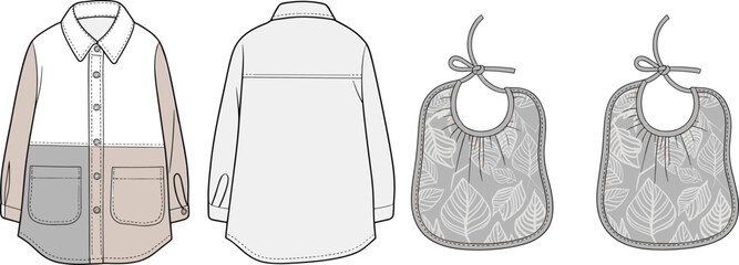 Flat sketch of kids color-block jacket with front pockets and gathered leaf print baby bibs, children fashion illustration design © Bokul Creatives