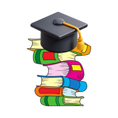 Stacked Colorful Books with Graduation Cap, Symbol of Academic Success, Higher Education, and...