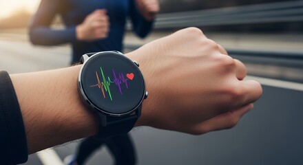 A Dynamic Close-Up of a Smartwatch Displaying a Vibrant Heart Rate Graph During a Run