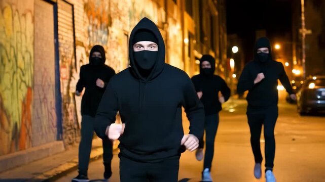 Young criminal men wearing hoodie and mask running