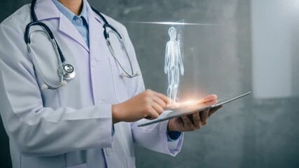 Doctor in lab coat using tablet with human body hologram and medical icons overlaying the screen - Powered by Adobe