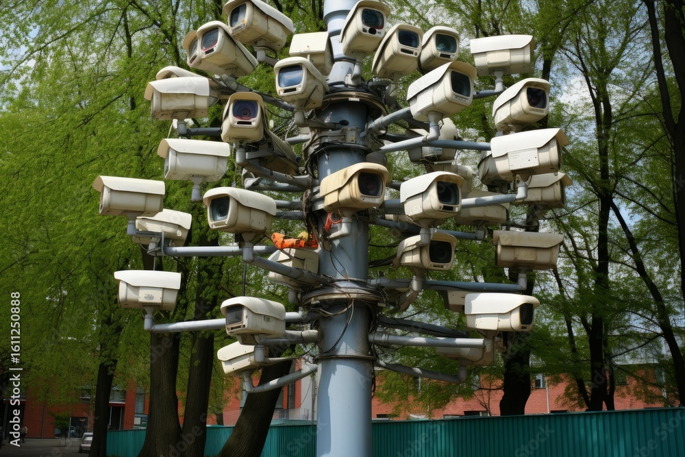 Poster multiple security cameras attached to a tall pole are monitoring a public area, ensuring comprehensi