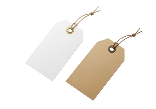 Two blank white paper and brown kraft paper tags with clipped corners, brass and rustic eyelets, and natural twine, floating diagonally on a transparent background with copy space, clean product
