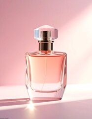 An elegant glass perfume bottle with a faceted crystal cap, filled with a pink scent, on a pastel background with soft light.
