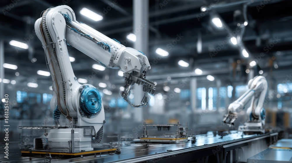 Poster futuristic factory scene with robotic automation in operation