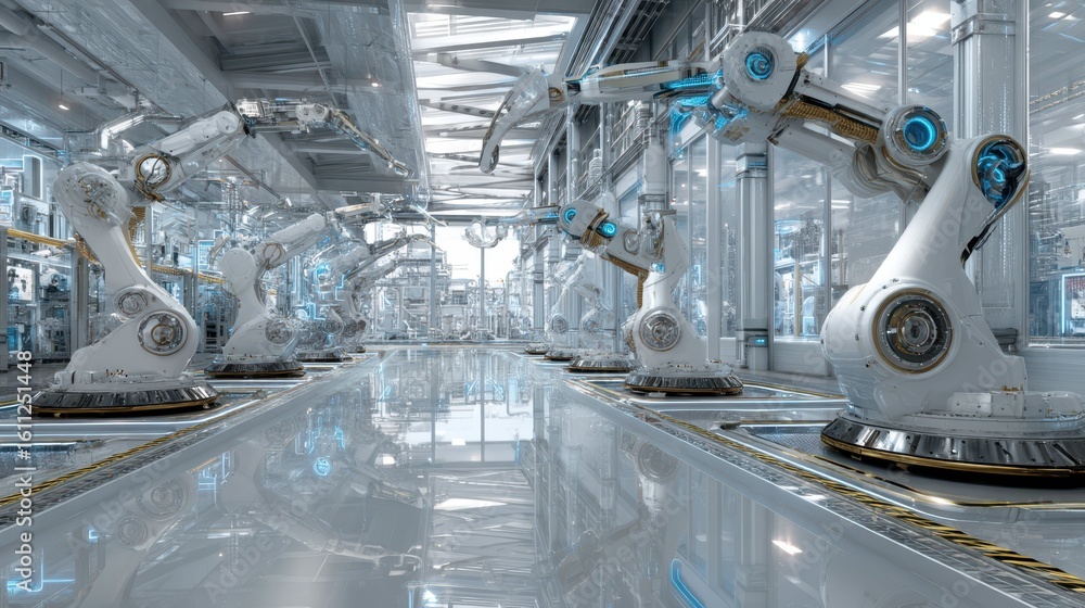 Poster futuristic factory operated entirely by robots in advanced environment