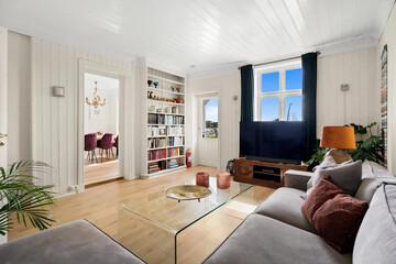 Modern luxury apartment interior in minimal scandinavian style, 3d rendering