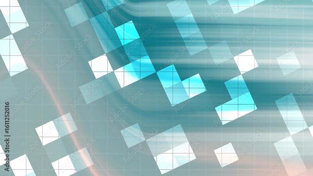 Poster prismatic arctic sunrise abstract teal background with pixelated squares and blurred lines creating 