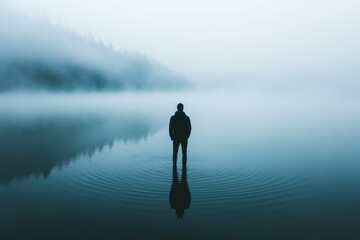 Fototapeta premium Lone man reflects in misty tranquil lake
