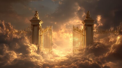 Ethereal Golden Gates Opening to a Bright Light in Heaven