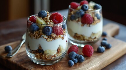 Two glass cups filled with layered granola, yogurt, fresh fruit, and berries