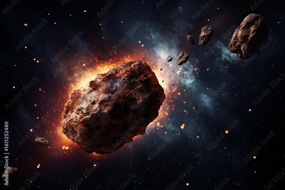 Poster asteroid exploding in deep space, creating debris and fire