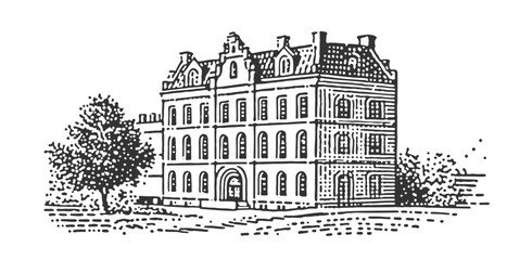 A detailed black and white illustration of an old European building with a tree.