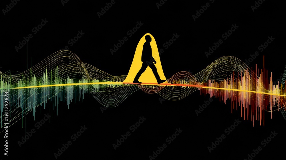 Poster student silhouette traverses a bridge composed of vibrant brainwave patterns, representing the journ