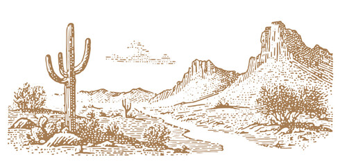 A detailed black and white drawing captures a desert scene with towering mountains and a majestic cactus.