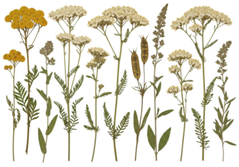 Dried and pressed wild plants: yellow tansy, white yarrow, wildflowers, stems, and seed pods, on a transparent studio background with copy space, high key lighting, botanical classification concept
