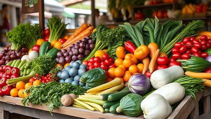 Colorful assortment of fresh vegetables on a wooden stall, showcasing natural abundance.
