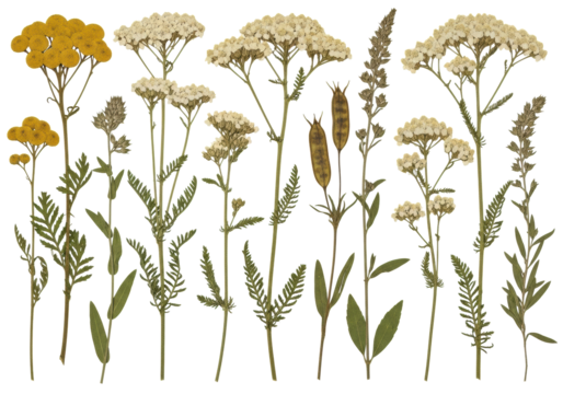 Dried and pressed wild plants: yellow tansy, white yarrow, wildflowers, stems, and seed pods, on a transparent studio background with copy space, high key lighting, botanical classification concept