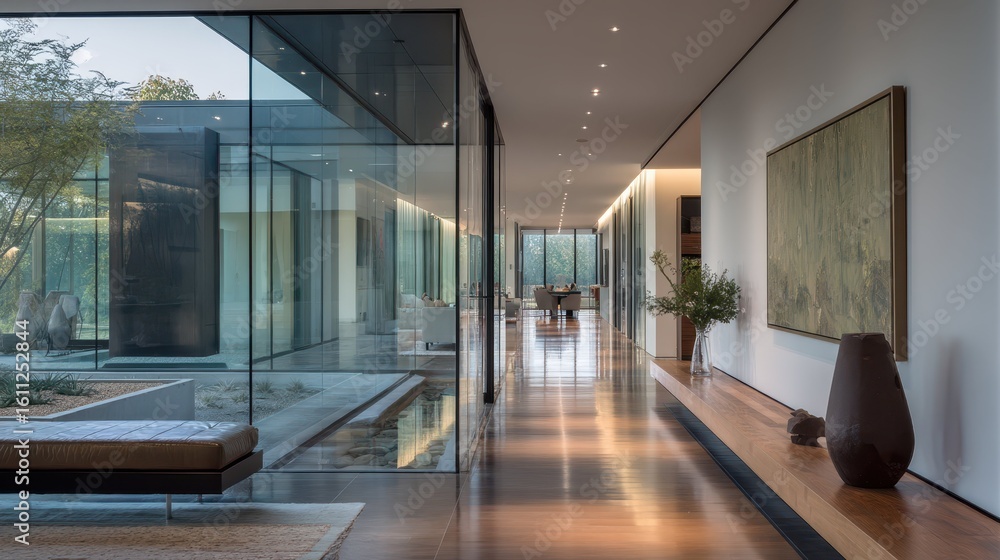 Poster sleek modern glass corridor connecting two elegant spaces in design