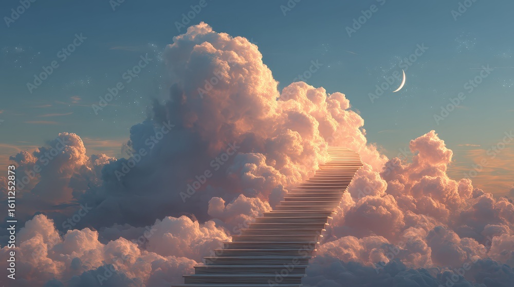 Poster glowing celestial staircase through soft clouds at twilight