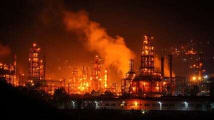 Fototapeta premium Nighttime View of a Glass Bottle Manufacturing Factory Process