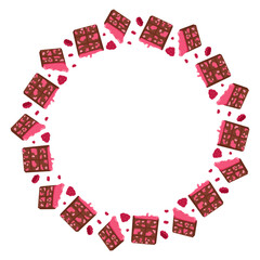 Chocolate bar pieces with pink raspberry glaze round frame. Vector hand drawn illustration for dessert packaging, sweet products and confectionery design isolated on white with copy space