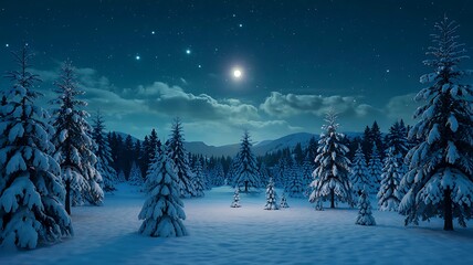 Enchanting winter wonderland scene with snow covered pine trees under a starry night sky and glowing full moon