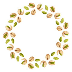 Wreath made of pistachios in shells and without. Vector hand drawn food illustration. Great for organic packaging, nut branding, healthy snack labels and culinary projects