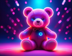 teddy bear under neon lights cute toy in pink and purple aesthetic colors