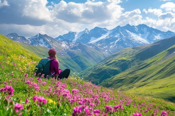 Naklejka premium Traveler relaxes in mountain wildflower meadow