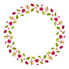 Round wreath with raspberries and pistachios. Vector hand drawn food illustration. Perfect for packaging design, organic branding, dessert labels and healthy snack projects