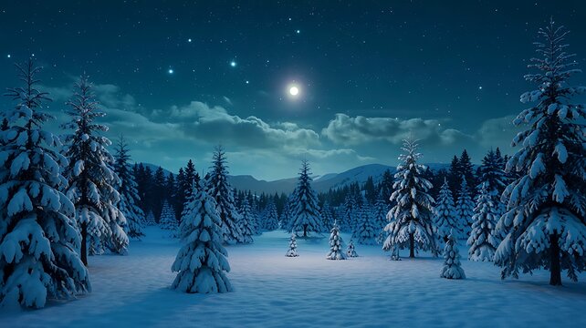 Enchanting winter wonderland scene with snow covered pine trees under a starry night sky and glowing full moon