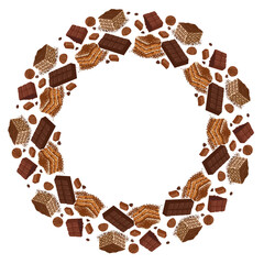 Round wreath with chocolate, tiramisu and layered cakes. Vector hand drawn dessert illustration. Perfect for bakery packaging, menu design, cafe branding and confectionery projects