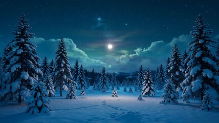 Magical moonlit winter forest scene with snow covered evergreen trees and a distant glowing cabin creating a serene and enchanting atmosphere