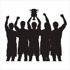 Silhouette of soccer team lifting trophy together 