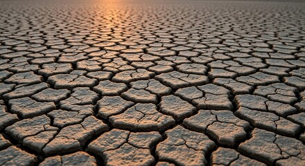 Severely Cracked Earth Reflects Setting Sun's Light: A Parched Landscape