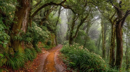 Naklejka premium Serene nature trail amidst lush greenery enchanted forest path tranquil environment scenic viewpoint natural beauty