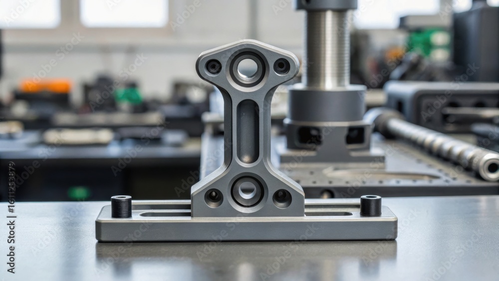 Poster a close-up of a metallic machine part on a workshop table, showcasing precision engineering and craf