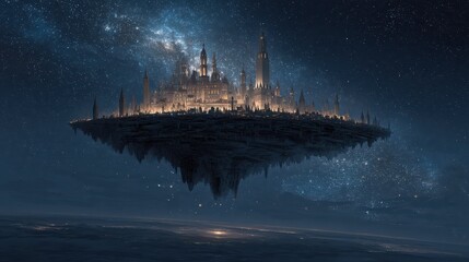 Floating City in the Cosmos with Stars and Night Sky Illumination