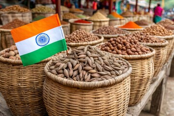Indian flag standing among baskets of spices at market stall