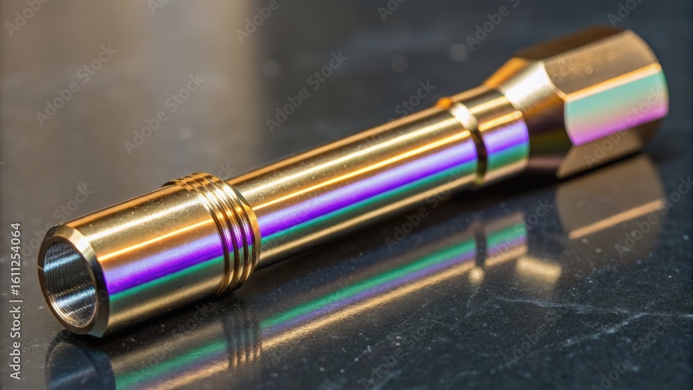 Poster a metallic tool with a sleek design and colorful reflections, resting on a smooth surface.