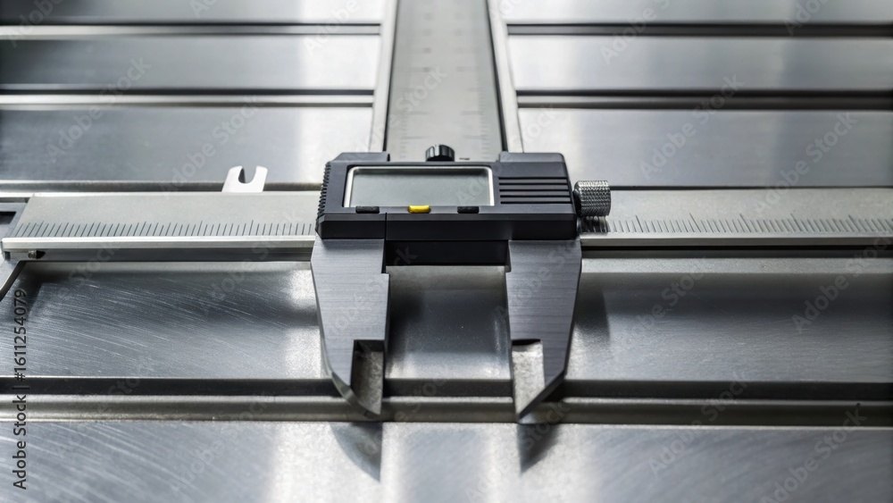 Poster precision measuring tool on a metallic surface, showcasing detail and accuracy in measurements, idea
