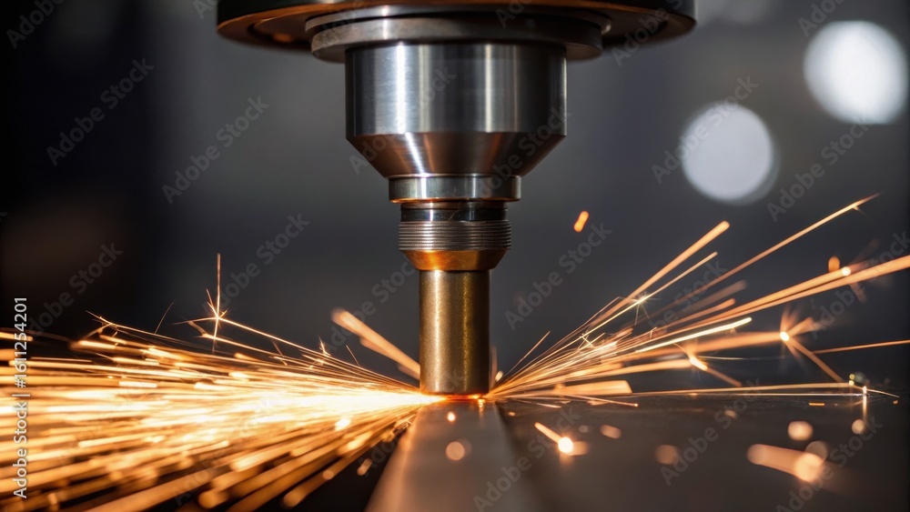 Poster close-up of a precision cutting tool creating sparks during a metalworking process, showcasing indus
