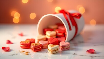 Heart-shaped macarons on a gift box background