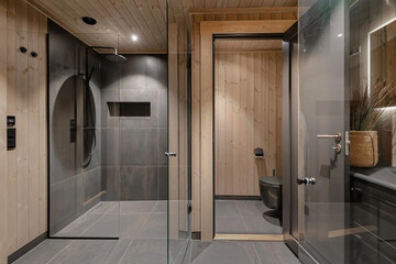 Modern bathroom interior in minimal scandinavian style, 3d render